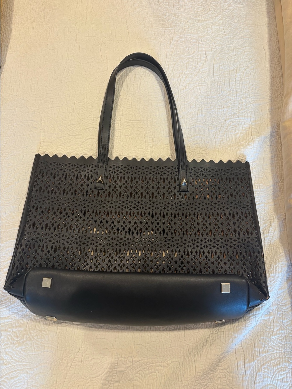 Stella & Dot Black Laser-Cut Scalloped Tote (Vegan leather)